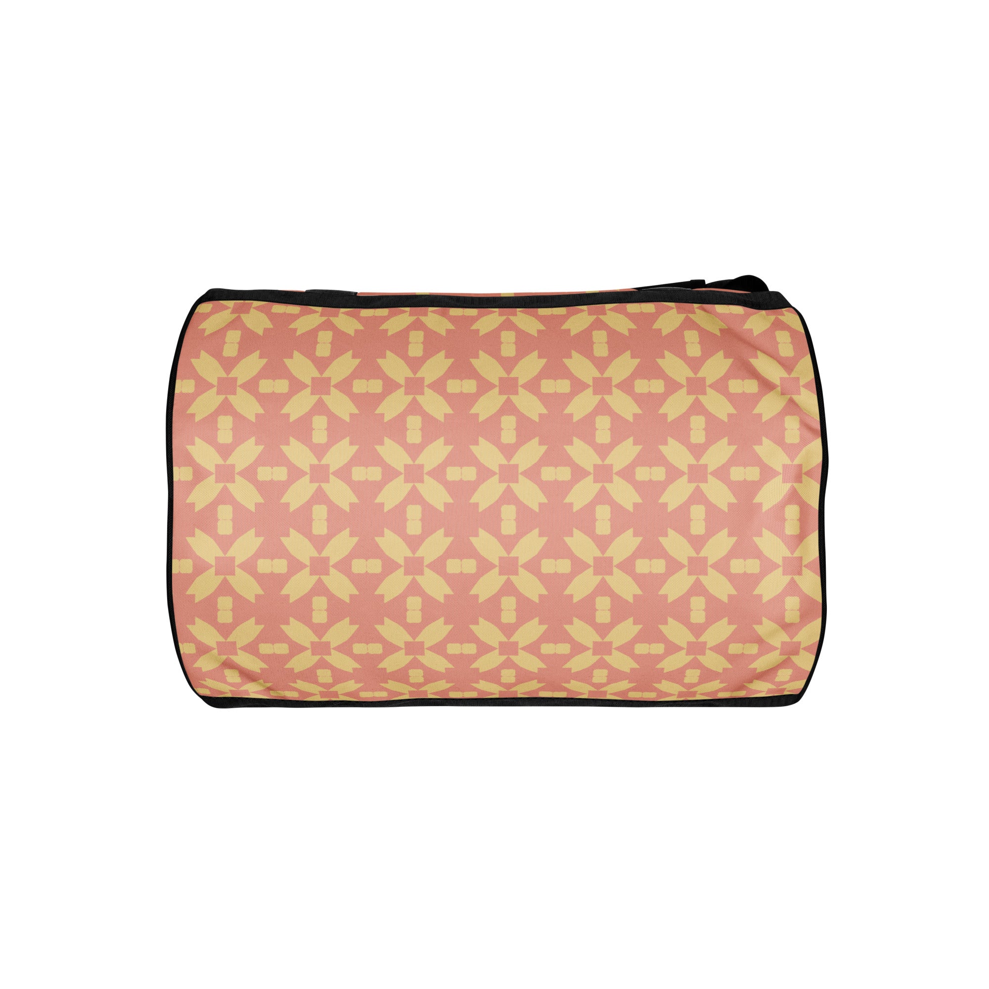 Blush Petal Grid gym bag side profile – PALMA duffel shape with all-over print