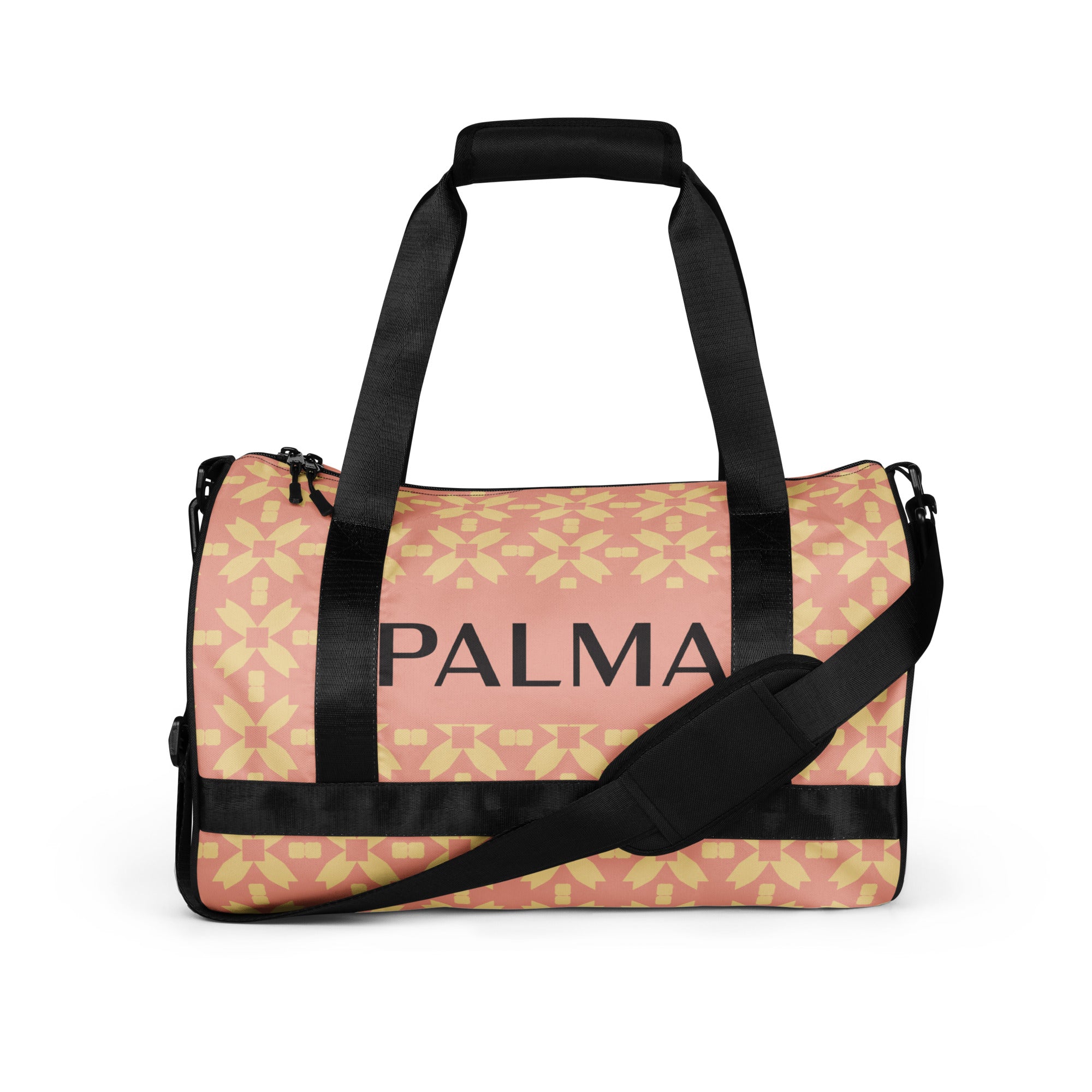 PALMA Signature Gym Bag front view – Blush Petal Grid print with black carry straps