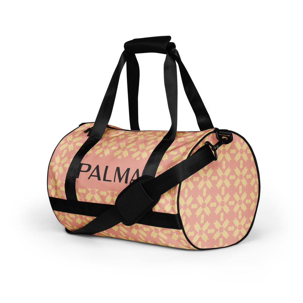 Blush Petal Grid modular print duffel – angled PALMA gym bag with double handles