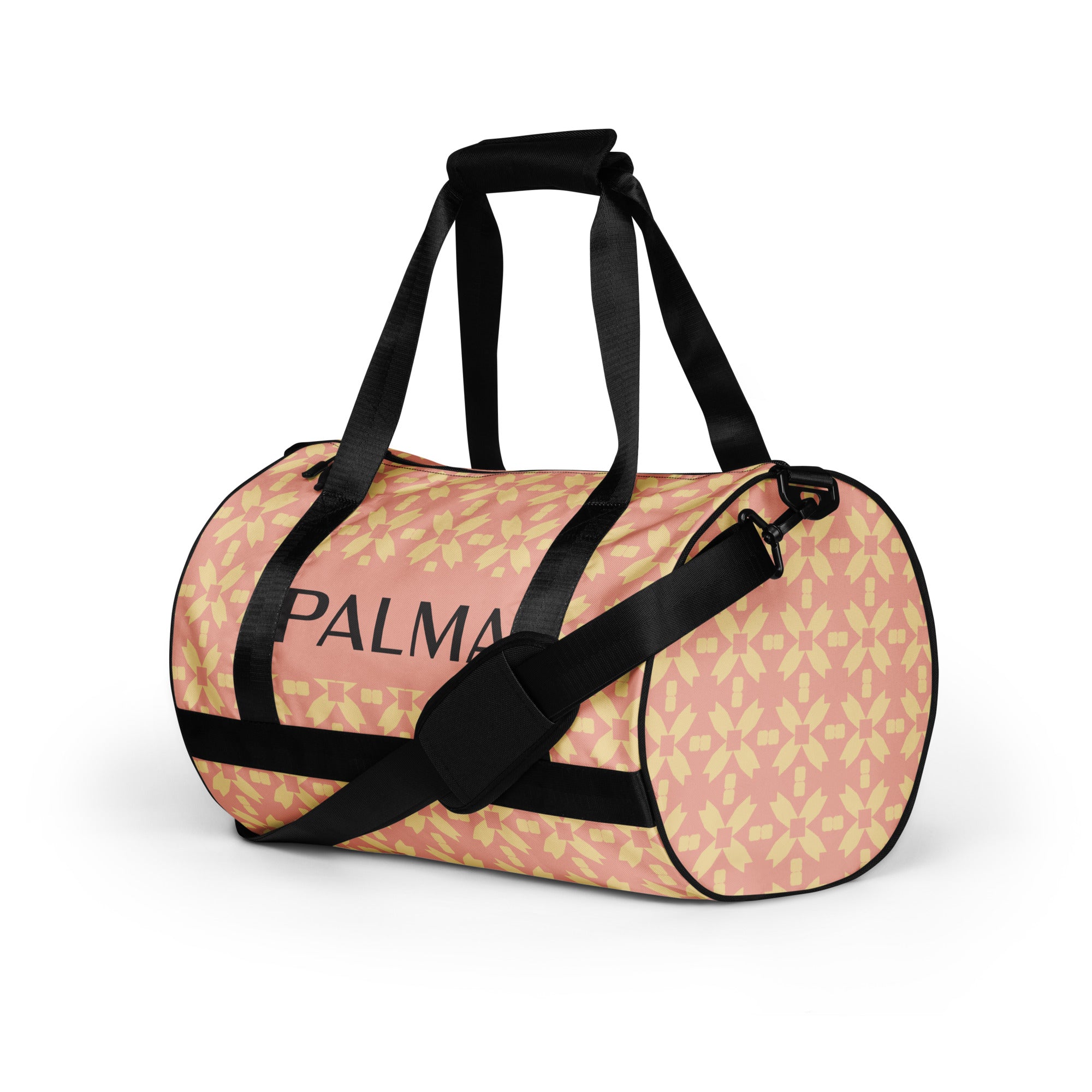 Blush Petal Grid modular print duffel – angled PALMA gym bag with double handles