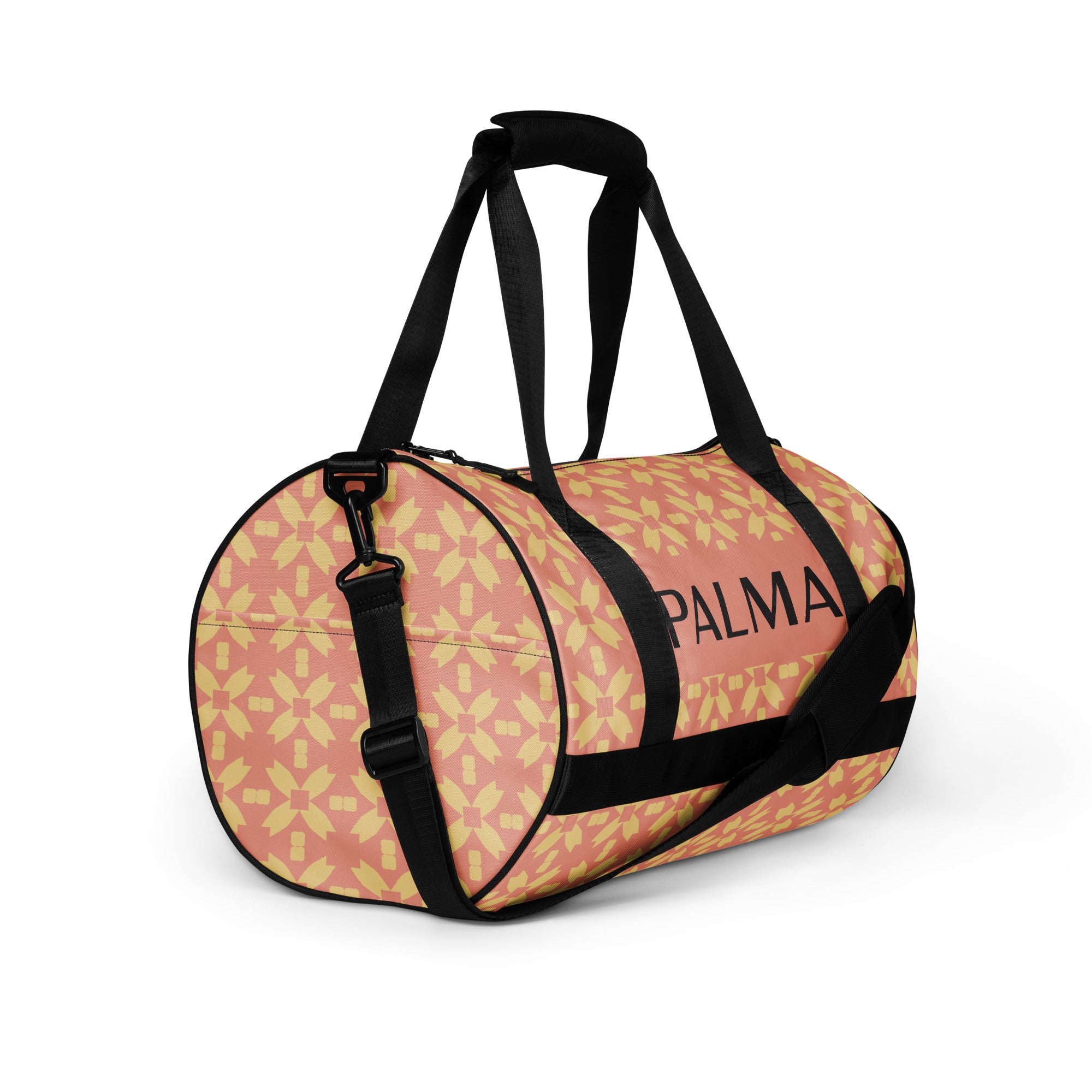 PALMA Signature Gym Bag in Blush Petal Grid – cylindrical duffel, eco-conscious build