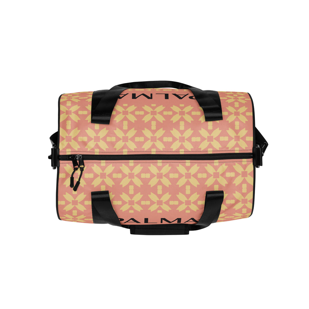 Top-down view of PALMA gym bag in Blush Petal Grid – zipper closure and strap details