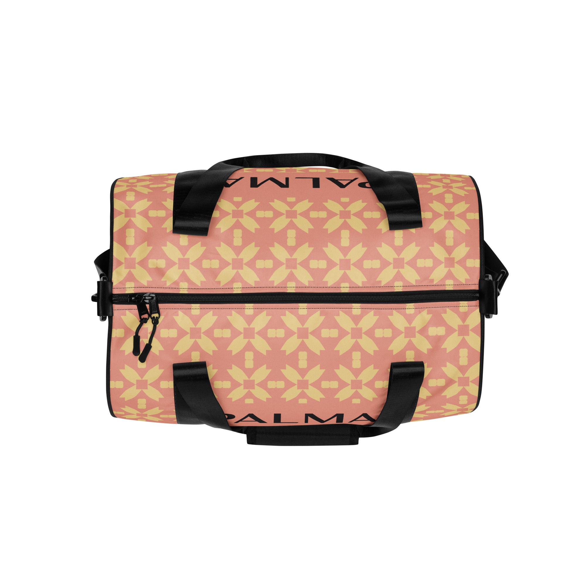 Top-down view of PALMA gym bag in Blush Petal Grid – zipper closure and strap details