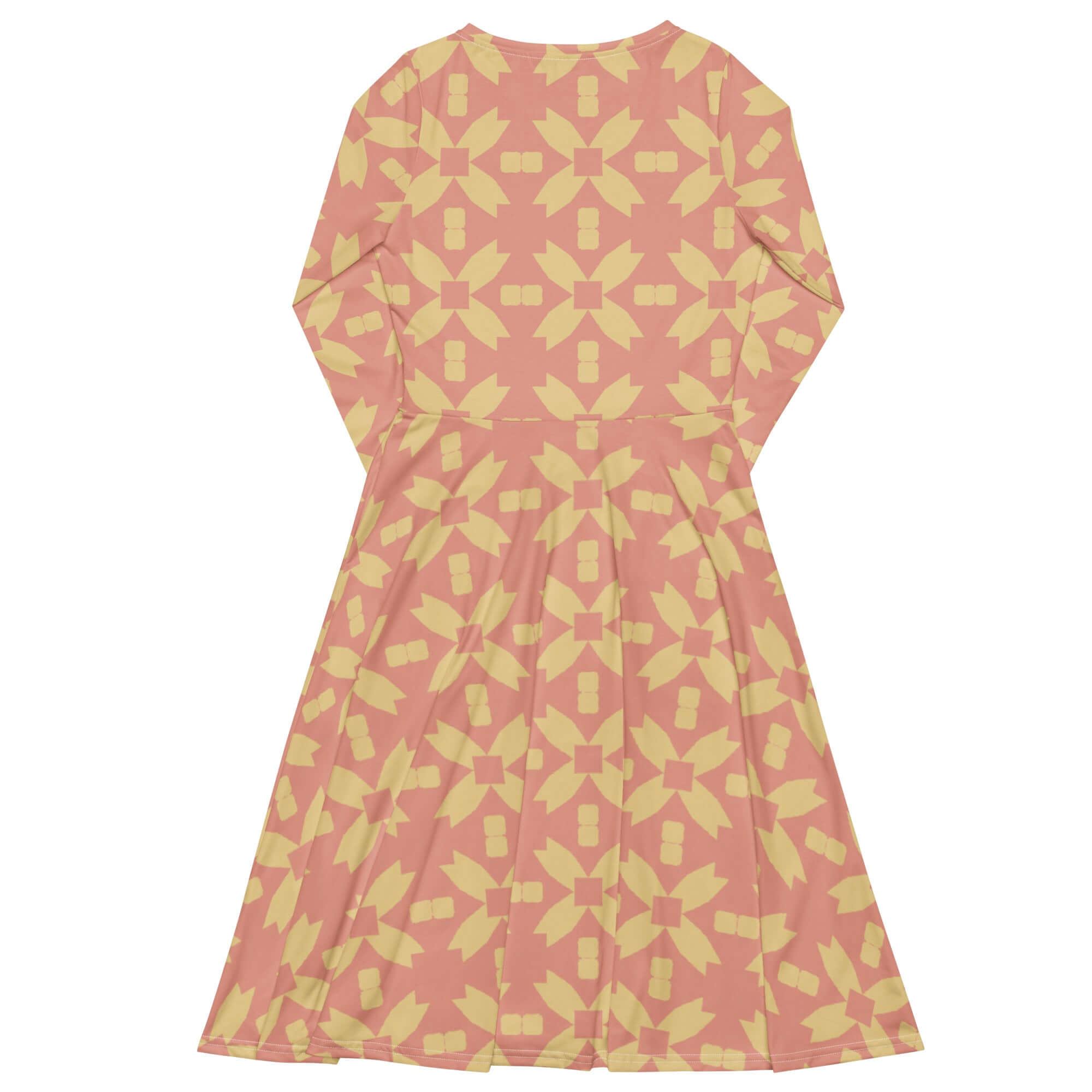 Back view of Blush Petal Grid – PALMA Long Sleeve Midi Dress, flat lay design