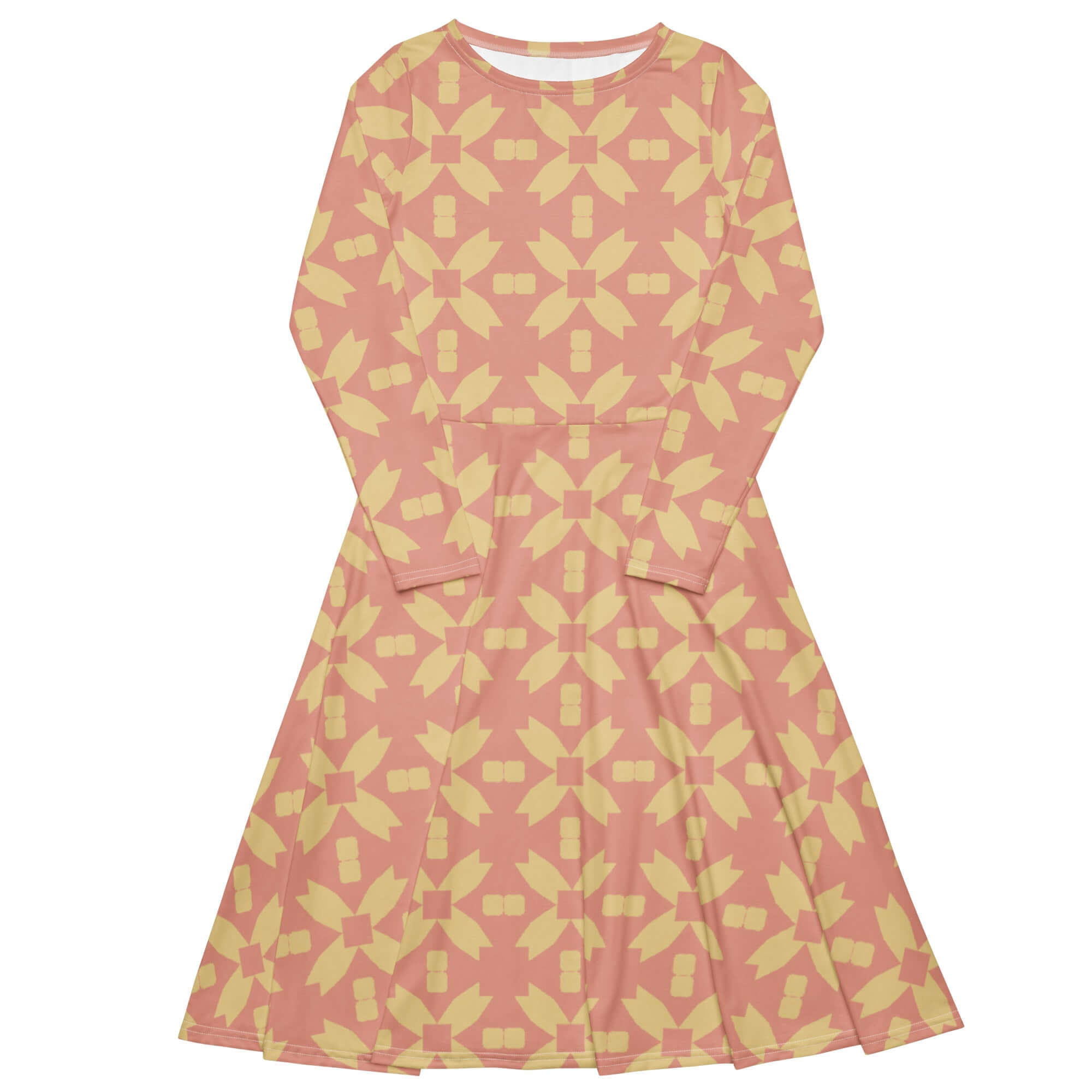  Front-facing view of Blush Petal Grid – PALMA Long Sleeve Midi Dress, flat lay