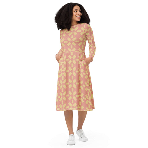 Model wearing Blush Petal Grid – PALMA Midi Dress, long sleeves and mid-calf hem