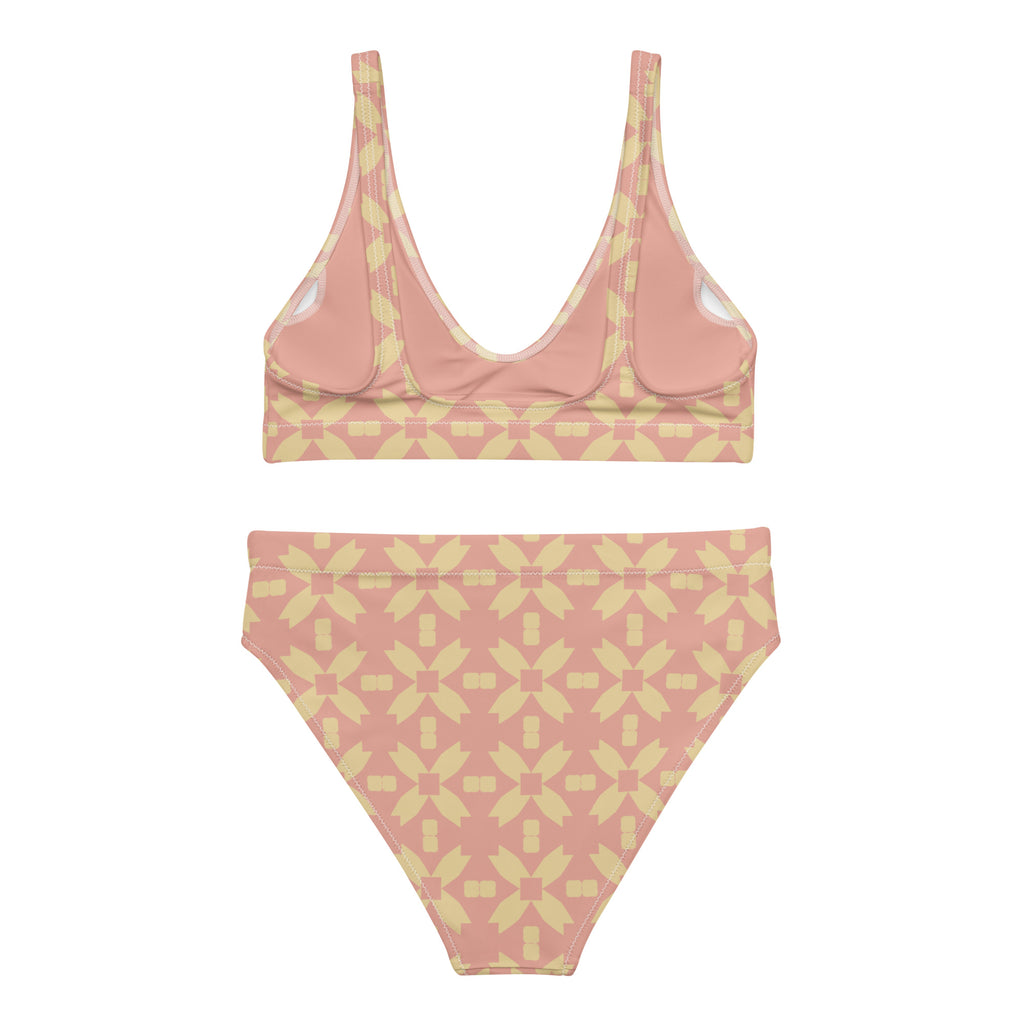 Blush Petal Grid bikini back flat lay – PALMA recycled high-rise swimwear with modular pattern