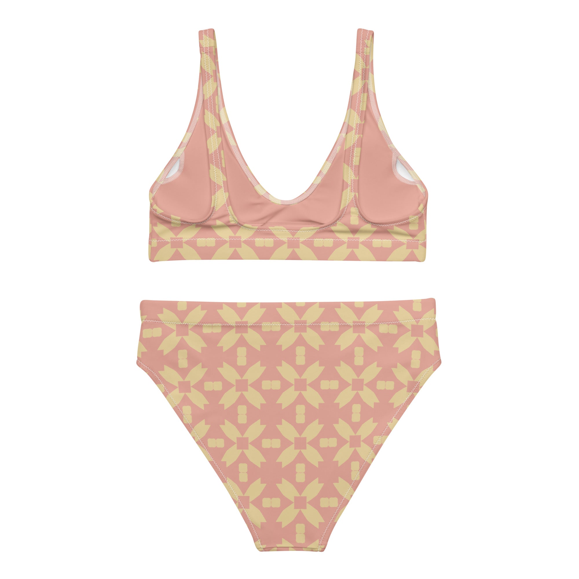 Blush Petal Grid bikini back flat lay – PALMA recycled high-rise swimwear with modular pattern