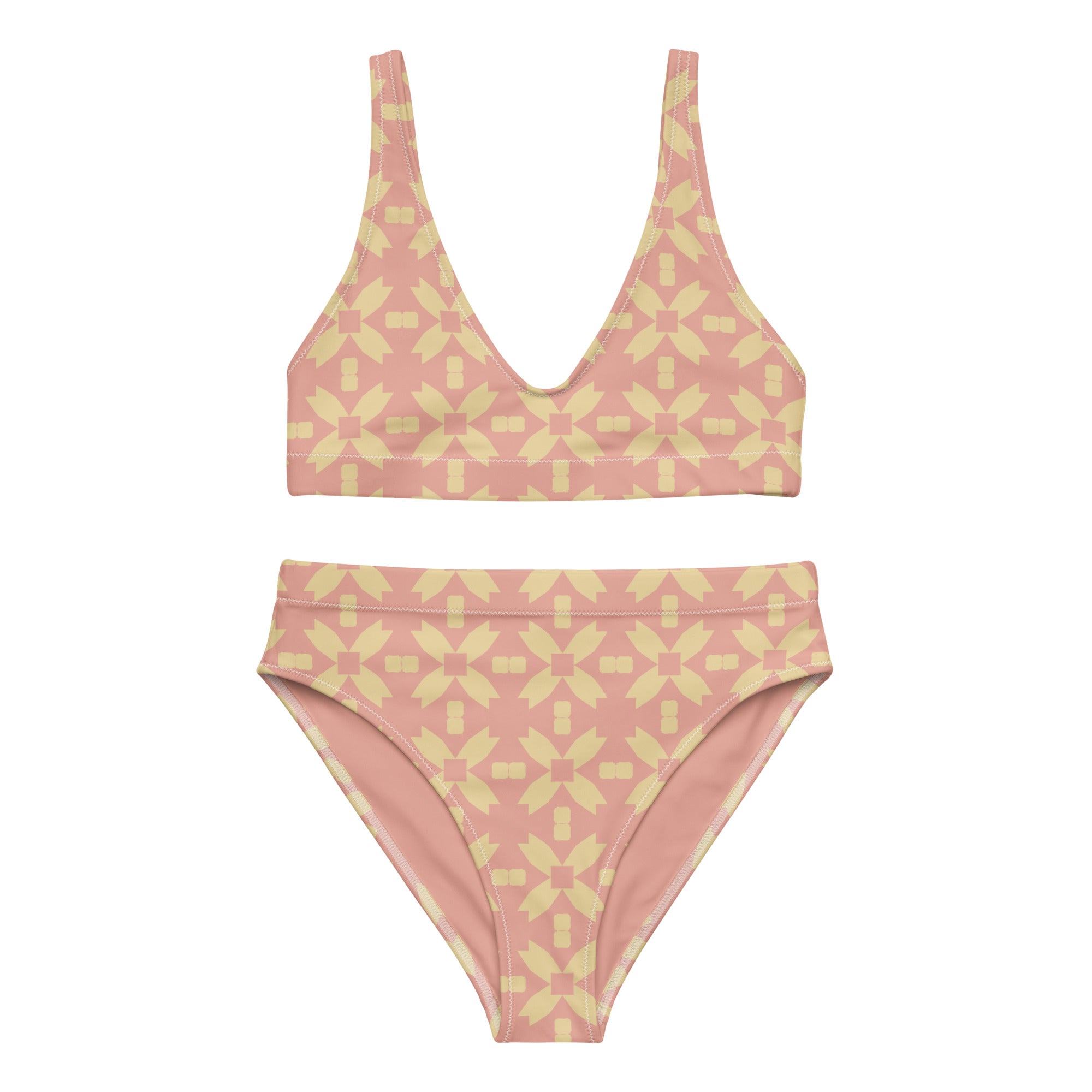 Blush Petal Grid high-waisted bikini flat lay – PALMA sustainable swimwear set, front view