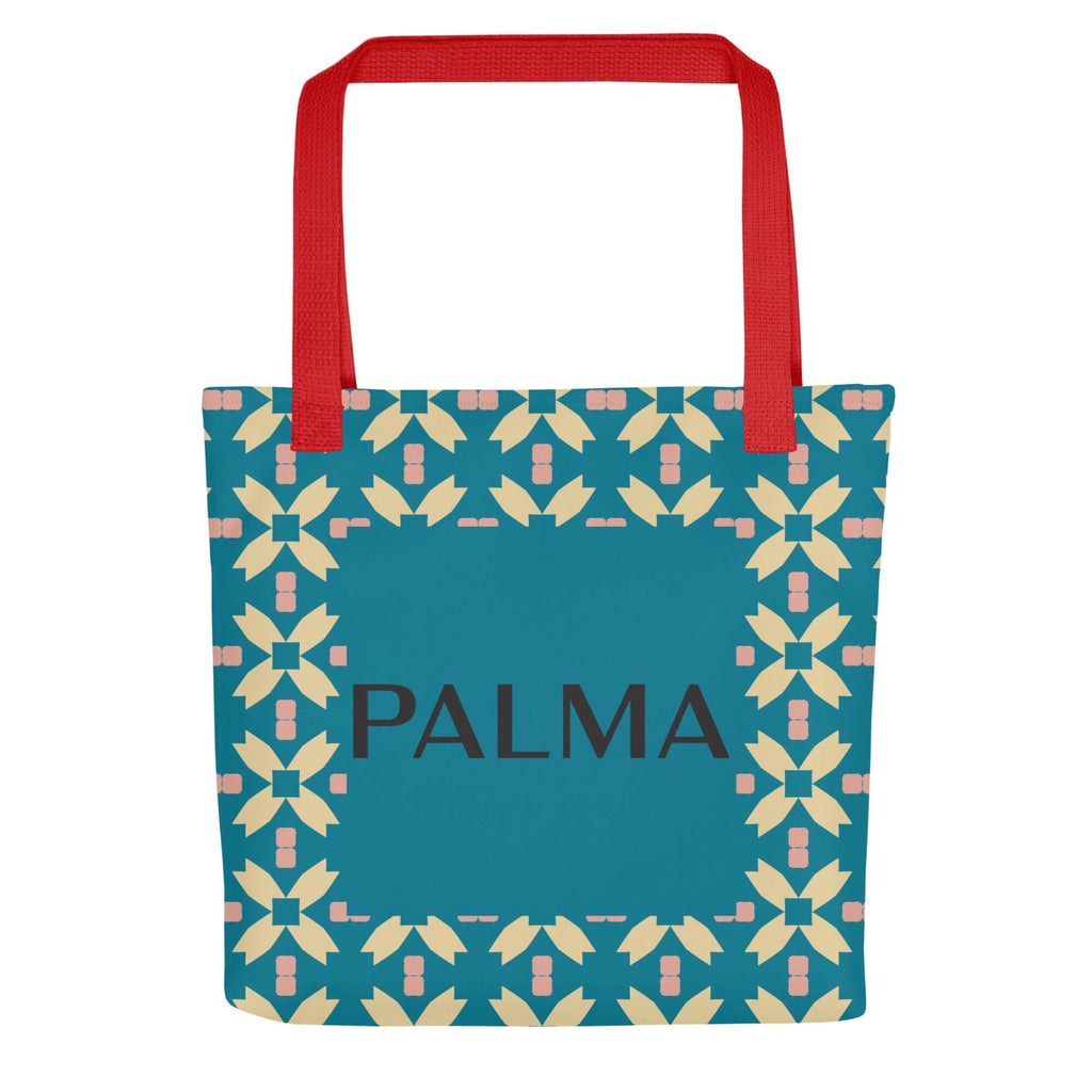 Front view of Teal Petal Grid with red handles – PALMA Signature Tote with teal floral design