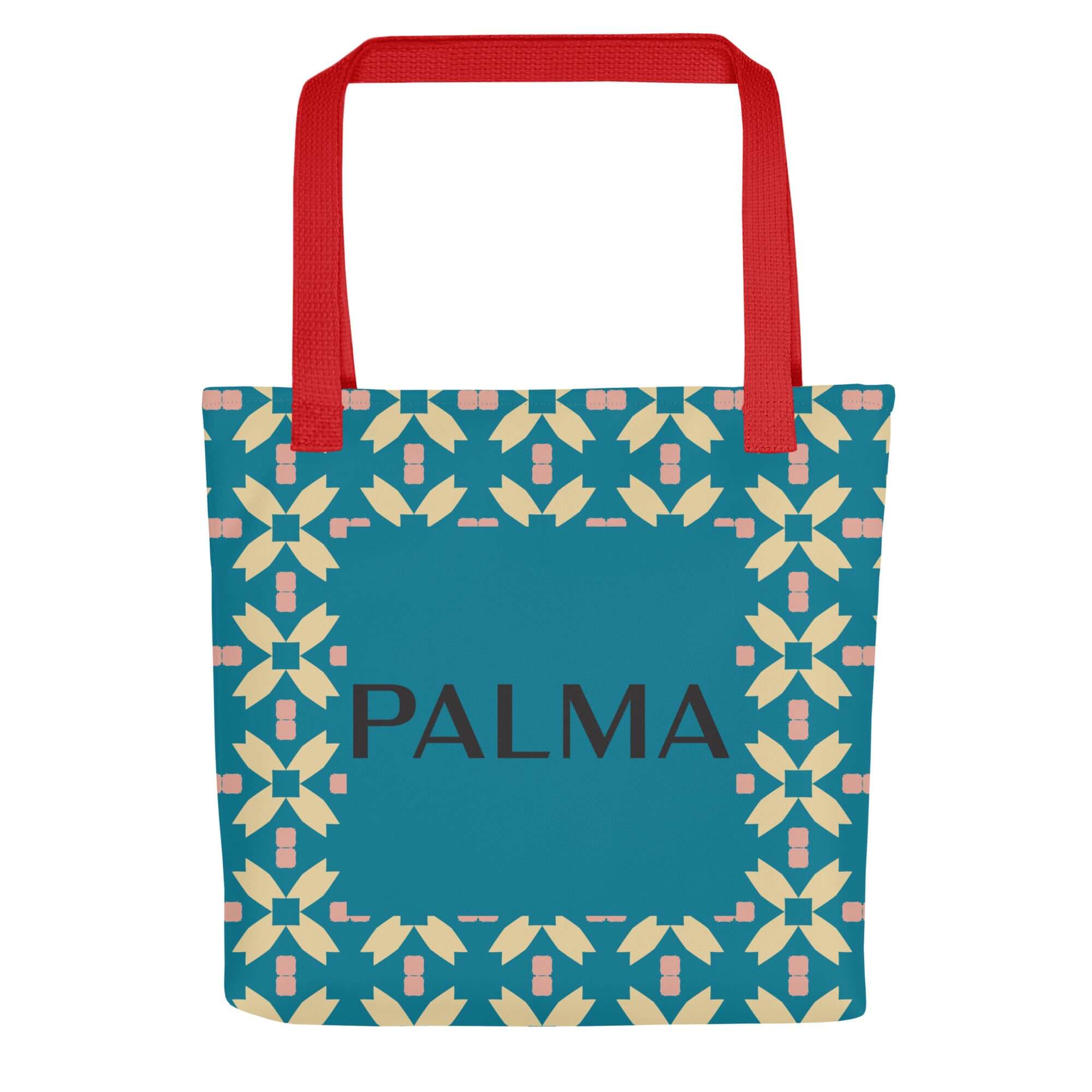 Front view of Teal Petal Grid with red handles – PALMA Signature Tote with teal floral design