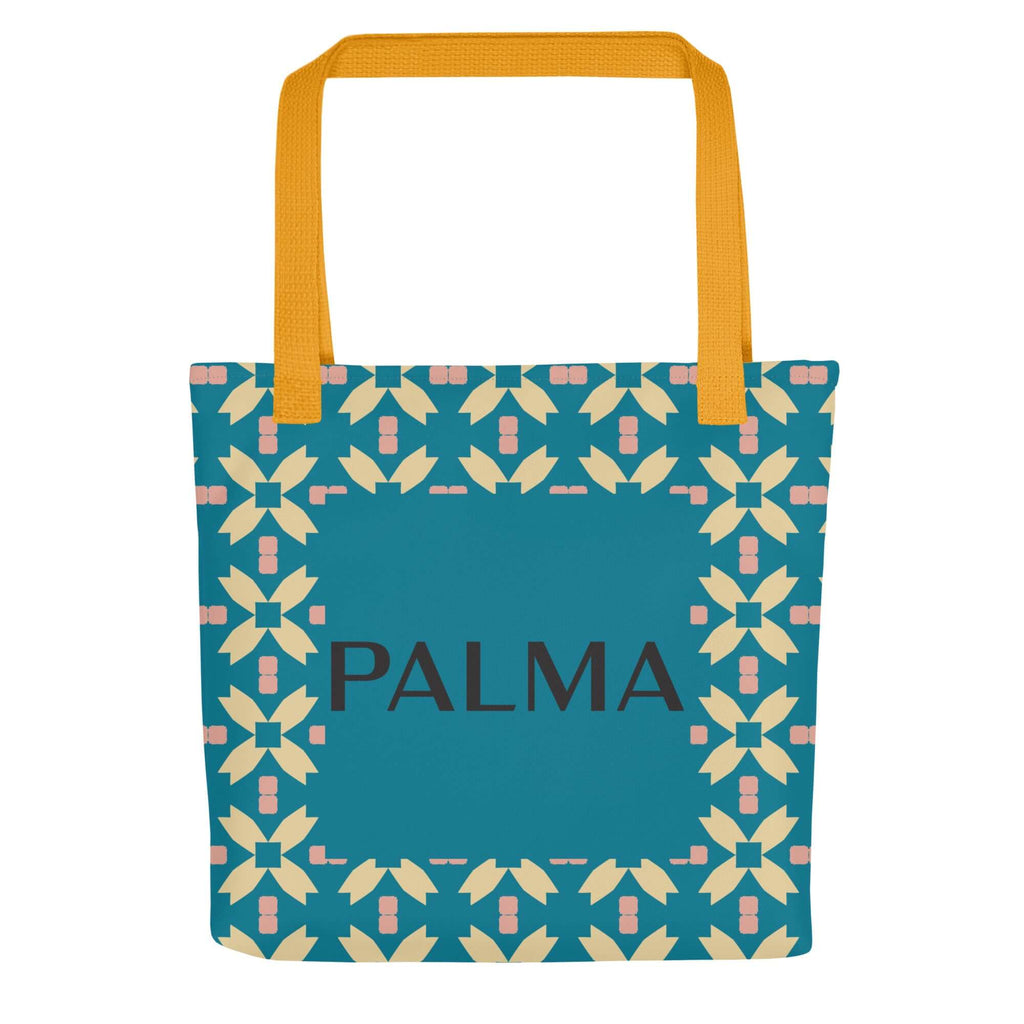 Front view of Teal Petal Grid with yellow handles – PALMA Signature Tote with teal floral design