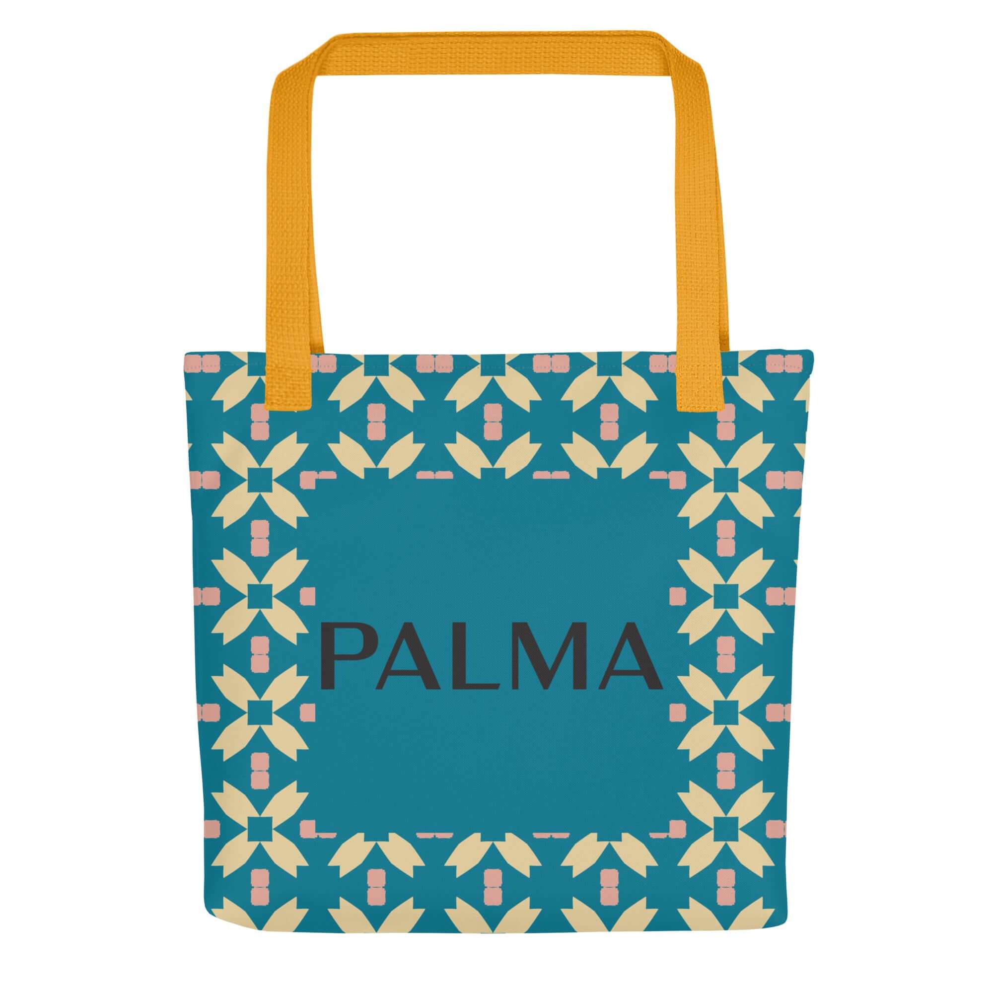Front view of Teal Petal Grid with yellow handles – PALMA Signature Tote with teal floral design