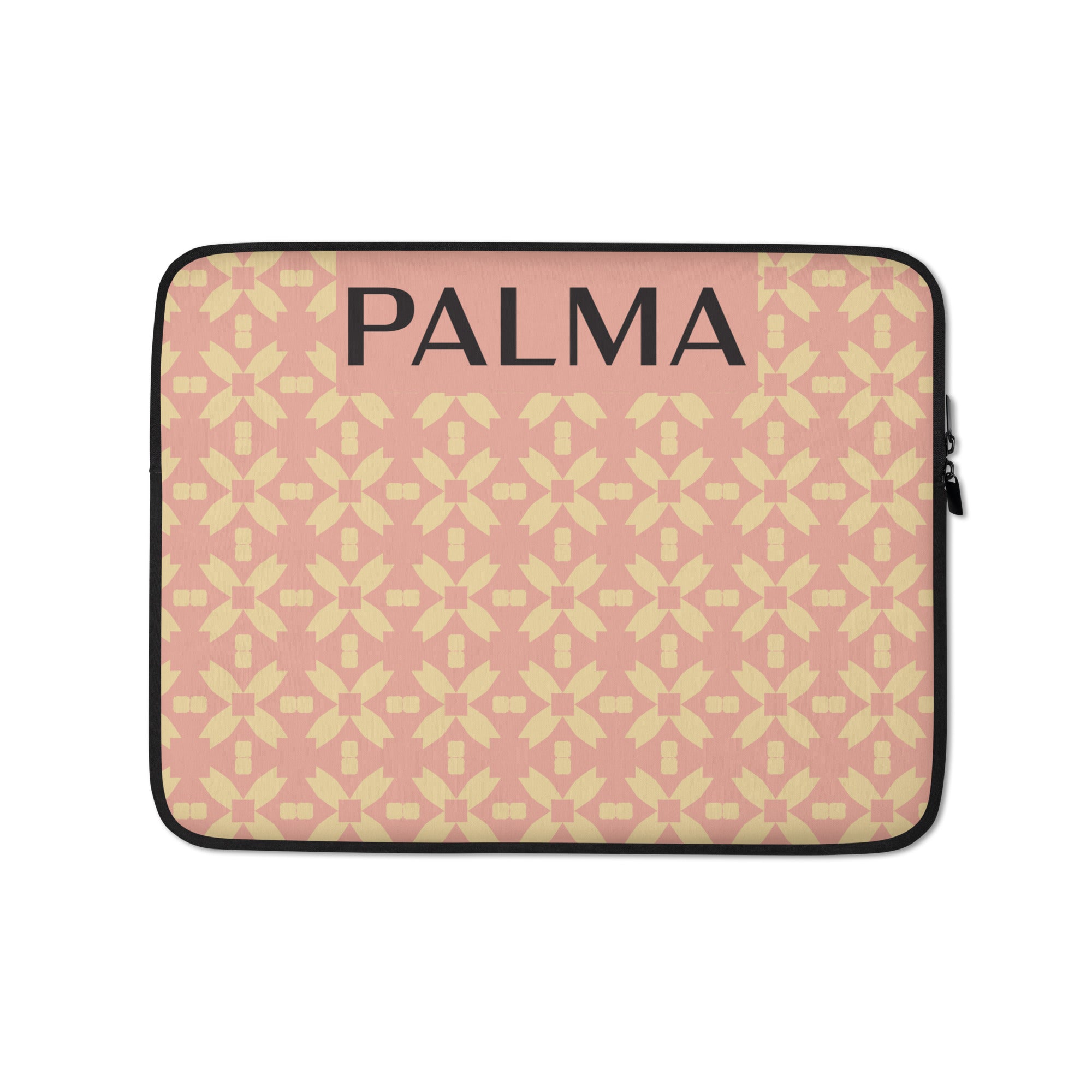 Blush Petal Grid printed 13" laptop sleeve with PALMA branding – front view