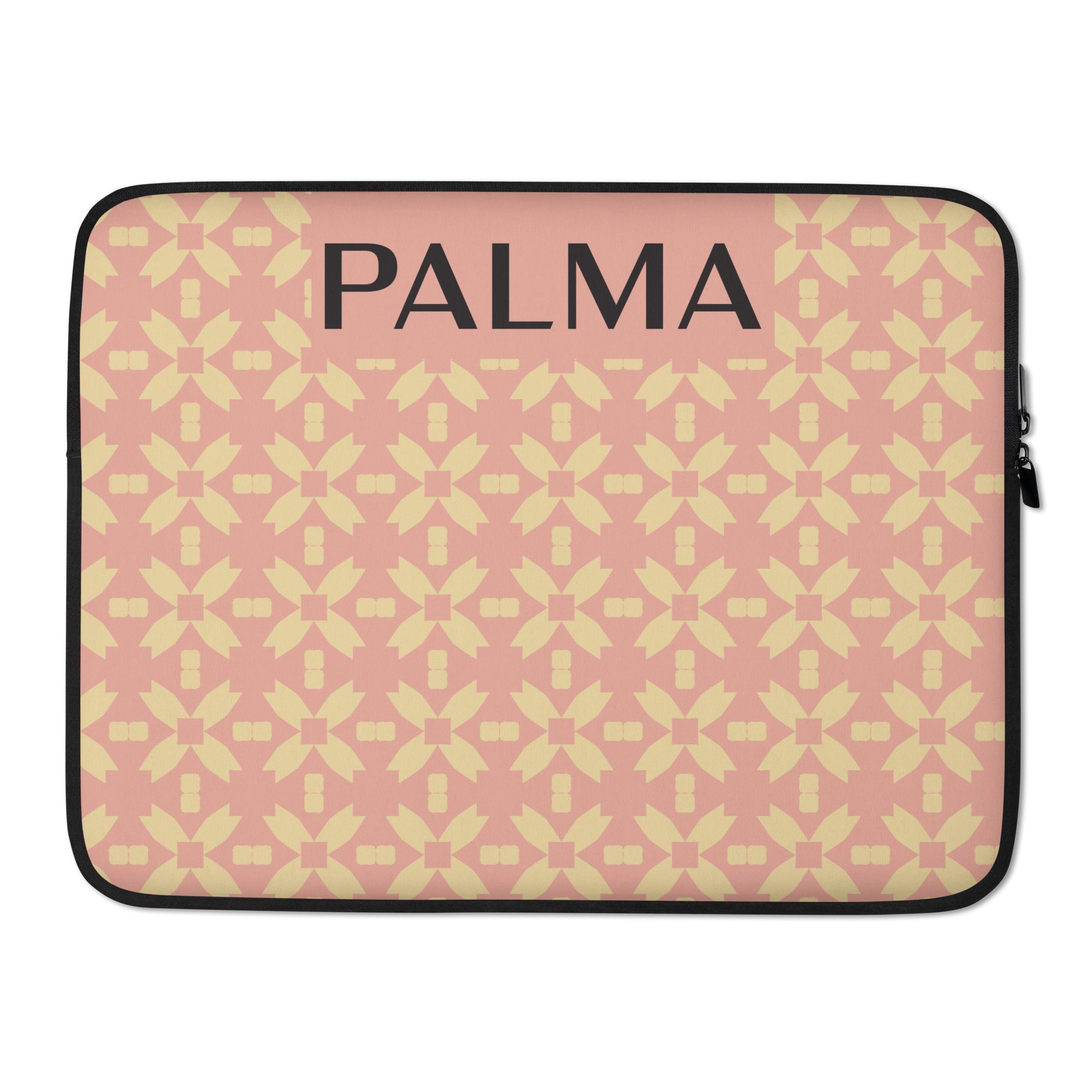 Blush Petal Grid printed 15" laptop sleeve with PALMA branding – front view