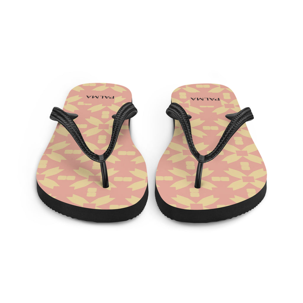 Blush Petal Grid flip-flops angled front – PALMA signature sandals with bold pattern