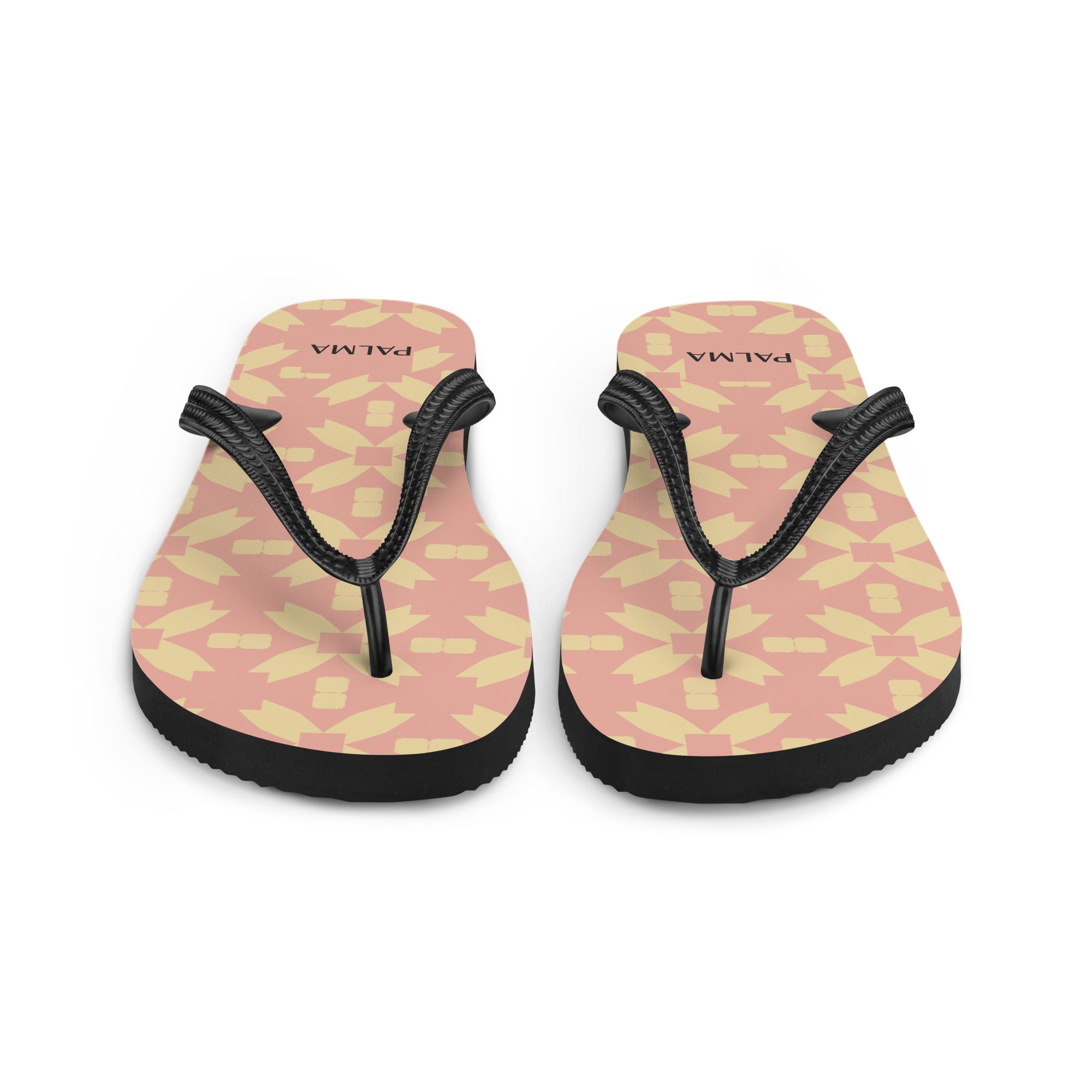 Blush Petal Grid flip-flops angled front – PALMA signature sandals with bold pattern
