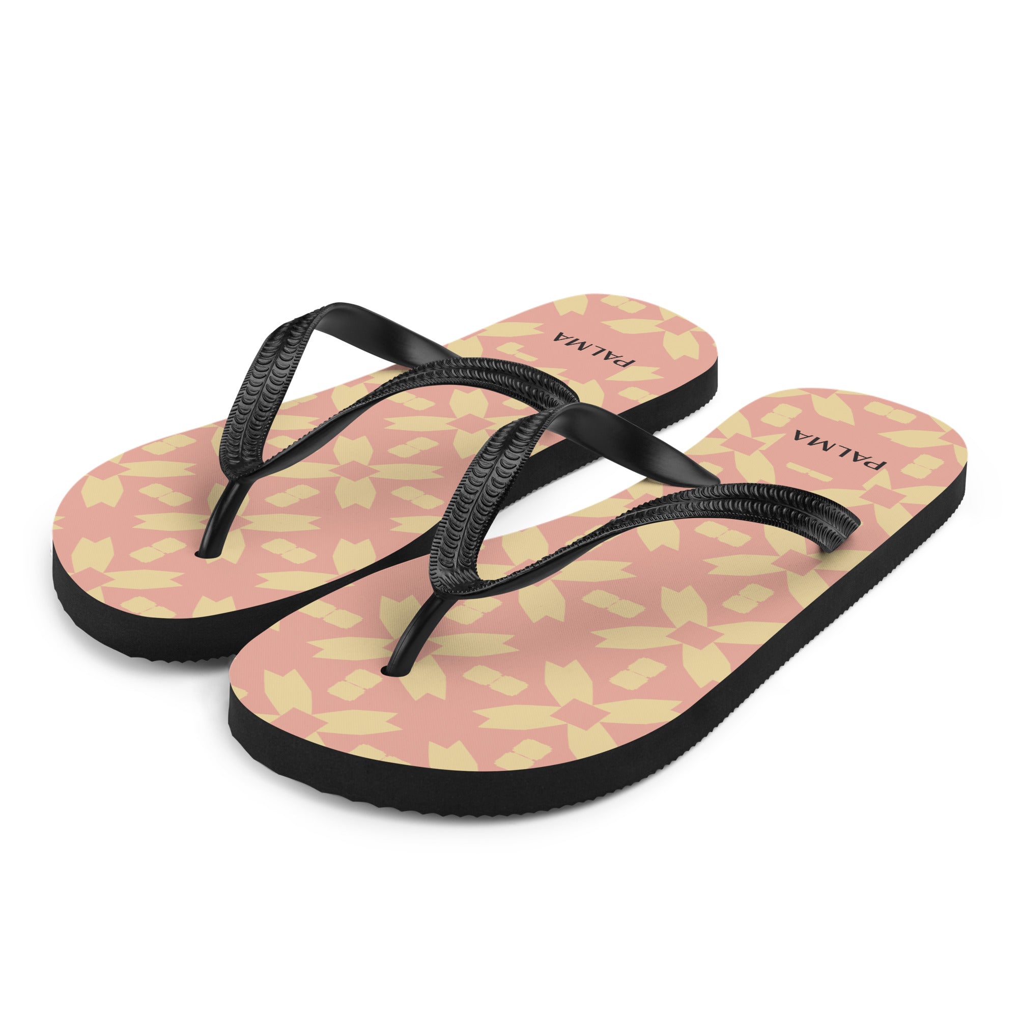 PALMA flip-flops with Blush Petal Grid pattern – angled view, eco-conscious footwear