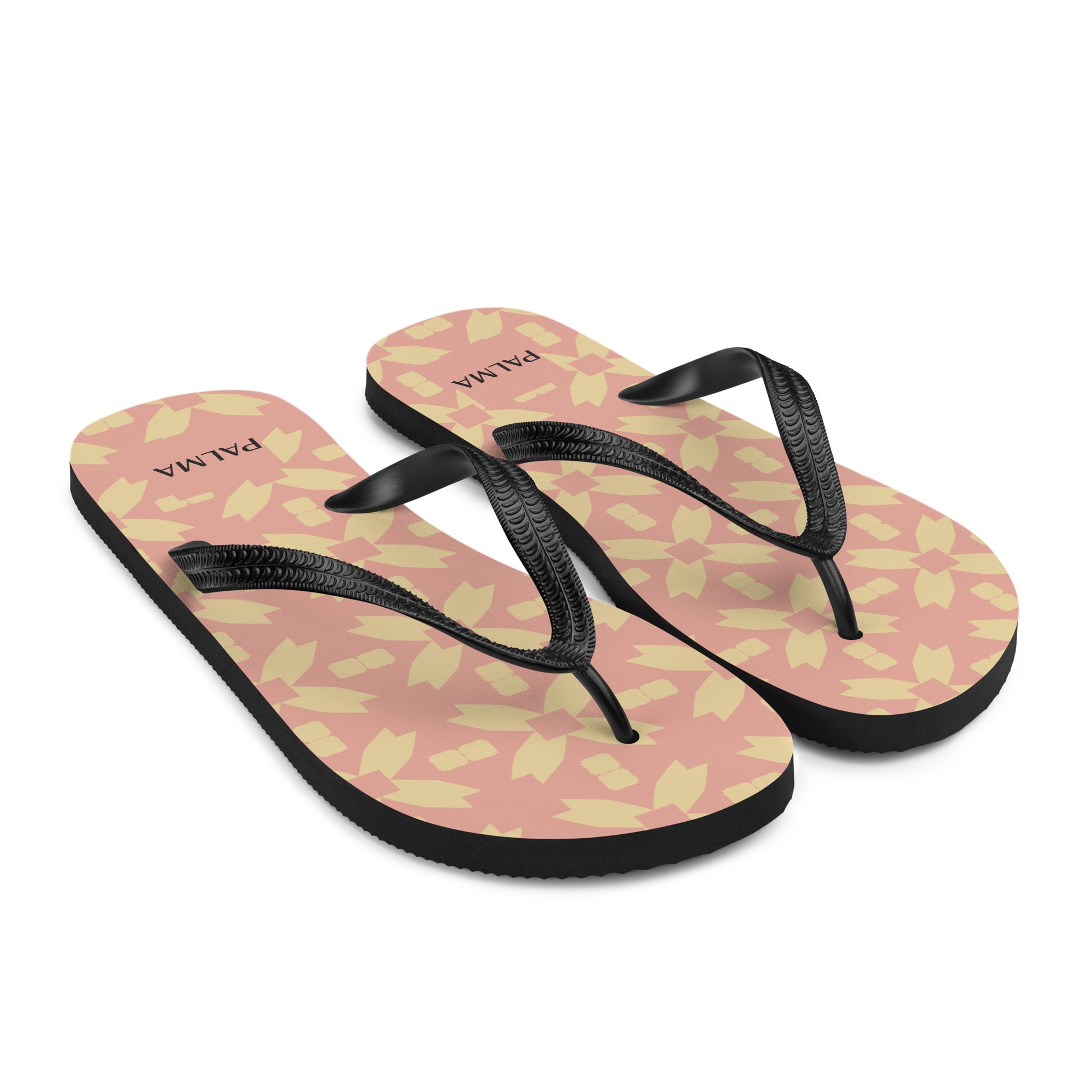 Blush Petal Grid print flip-flops tilted top view – PALMA signature summer sandals