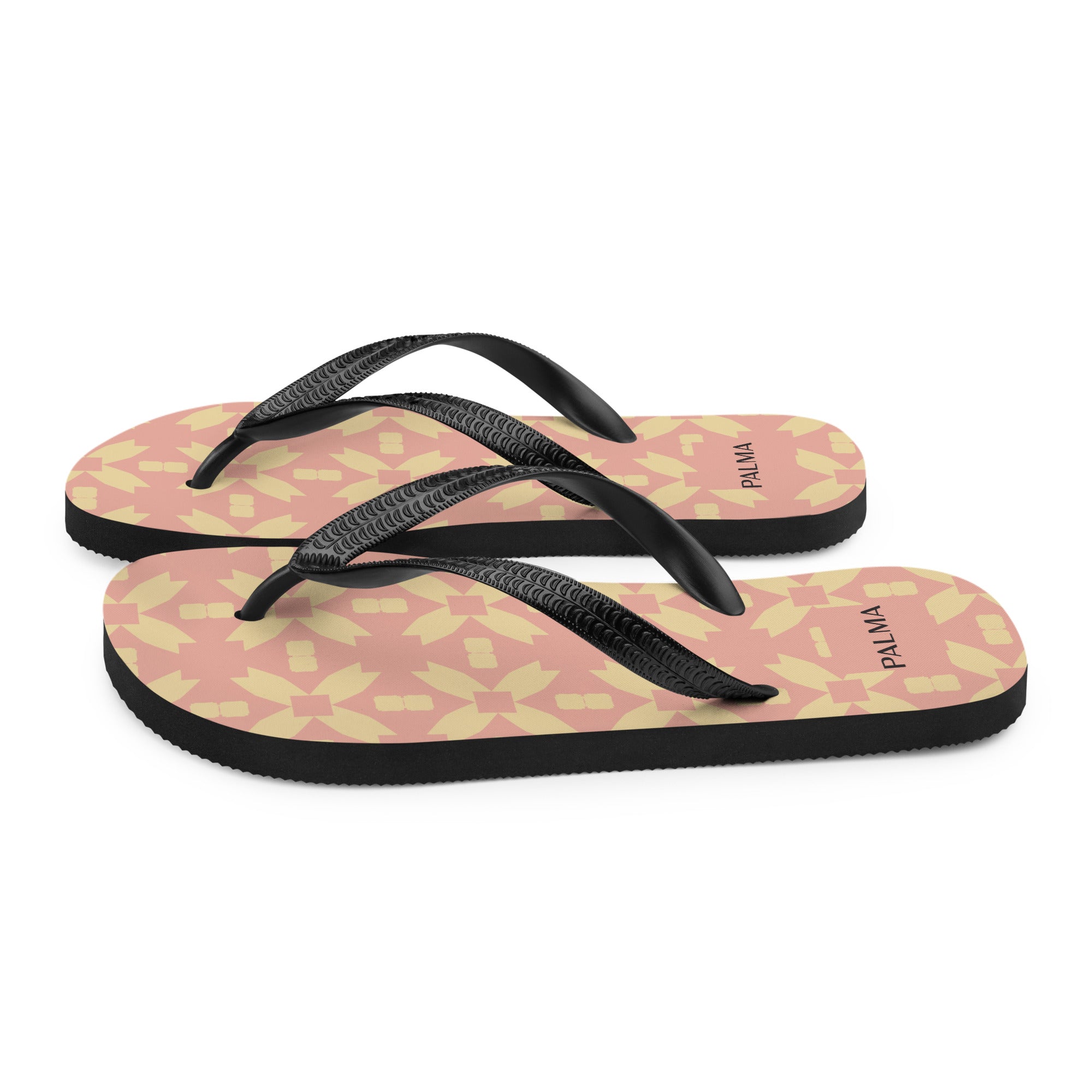 Side profile of PALMA Blush Petal Grid flip-flops – black strap with modular sole design