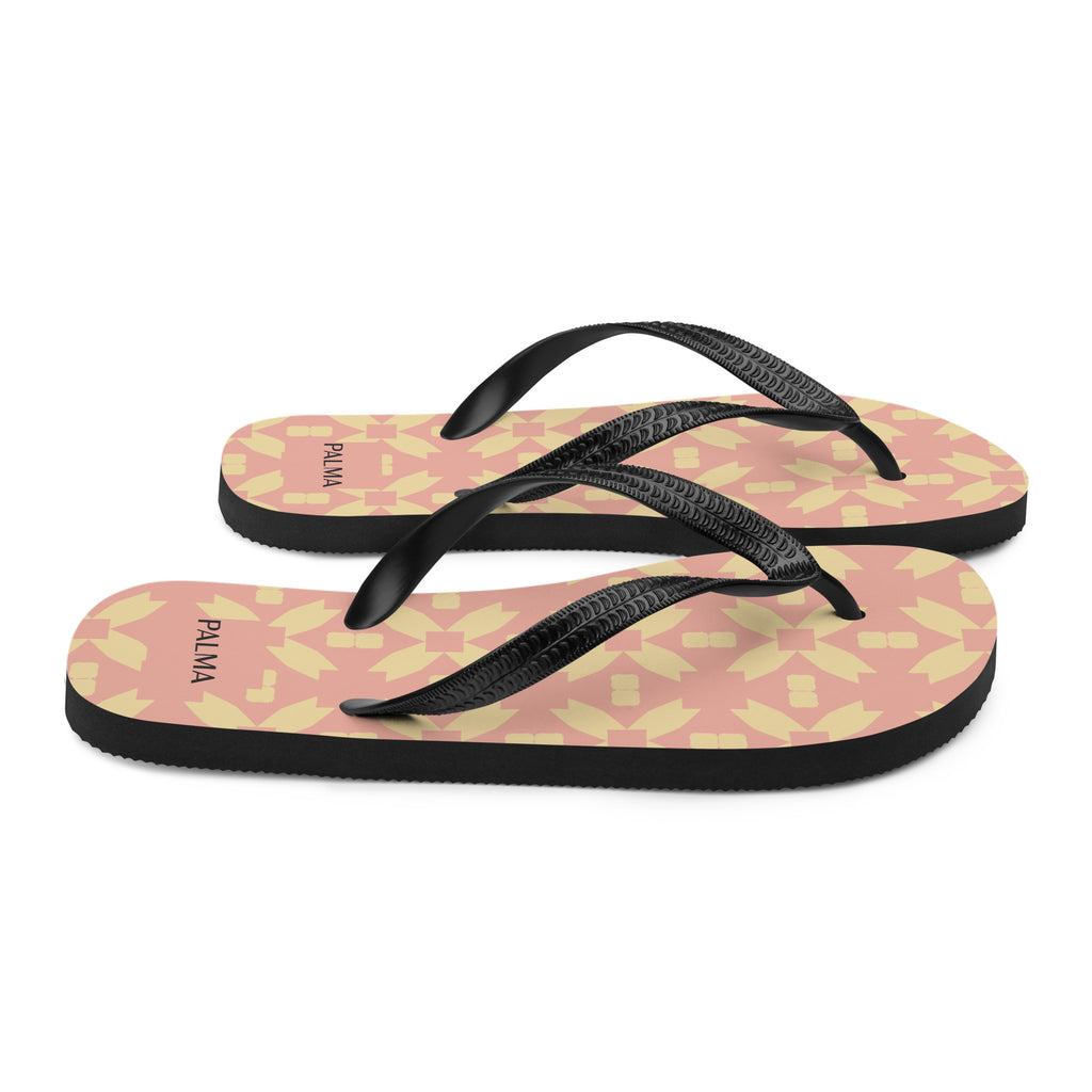 Stacked PALMA flip-flops in Blush Petal Grid print – lightweight modular travel footwear