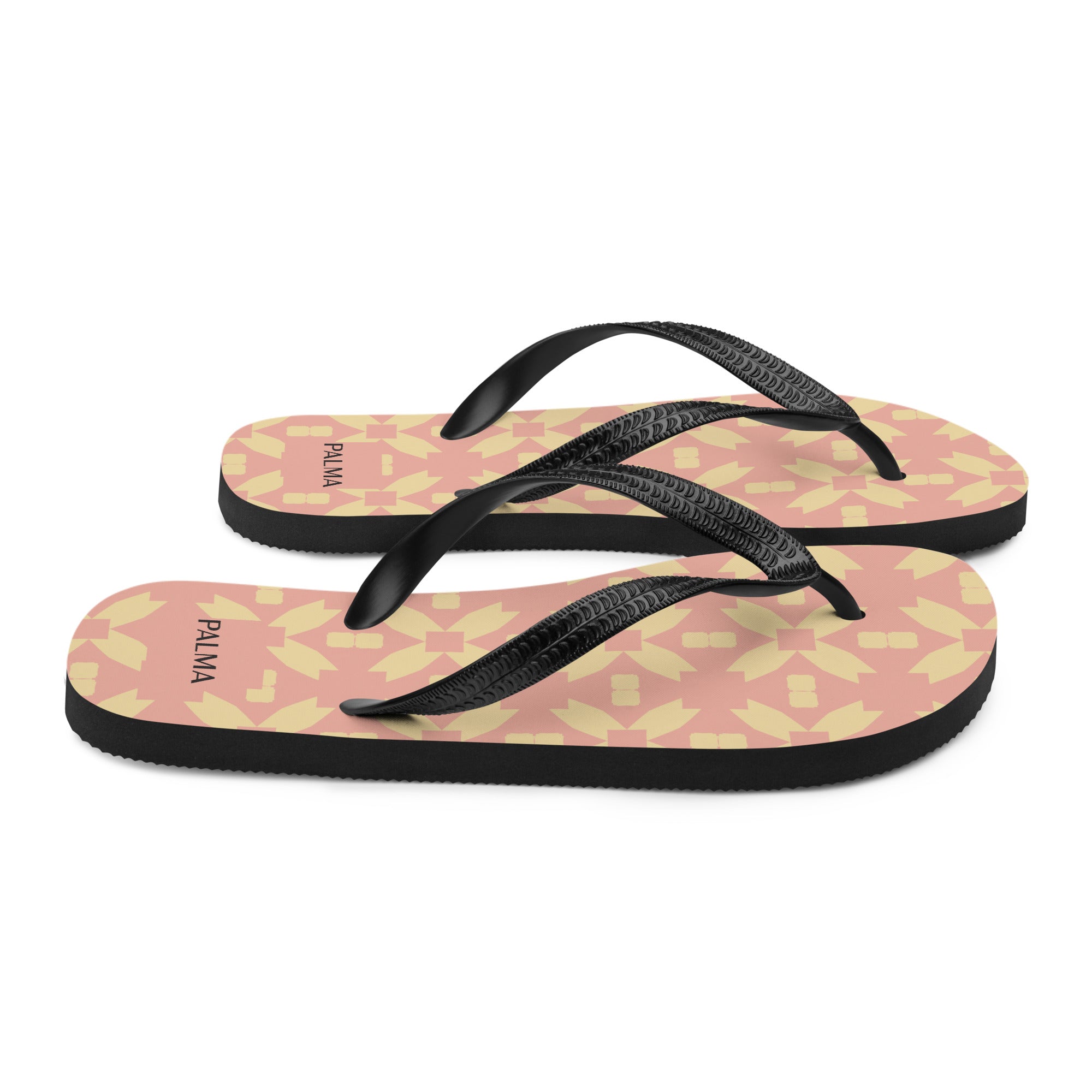 Stacked PALMA flip-flops in Blush Petal Grid print – lightweight modular travel footwear