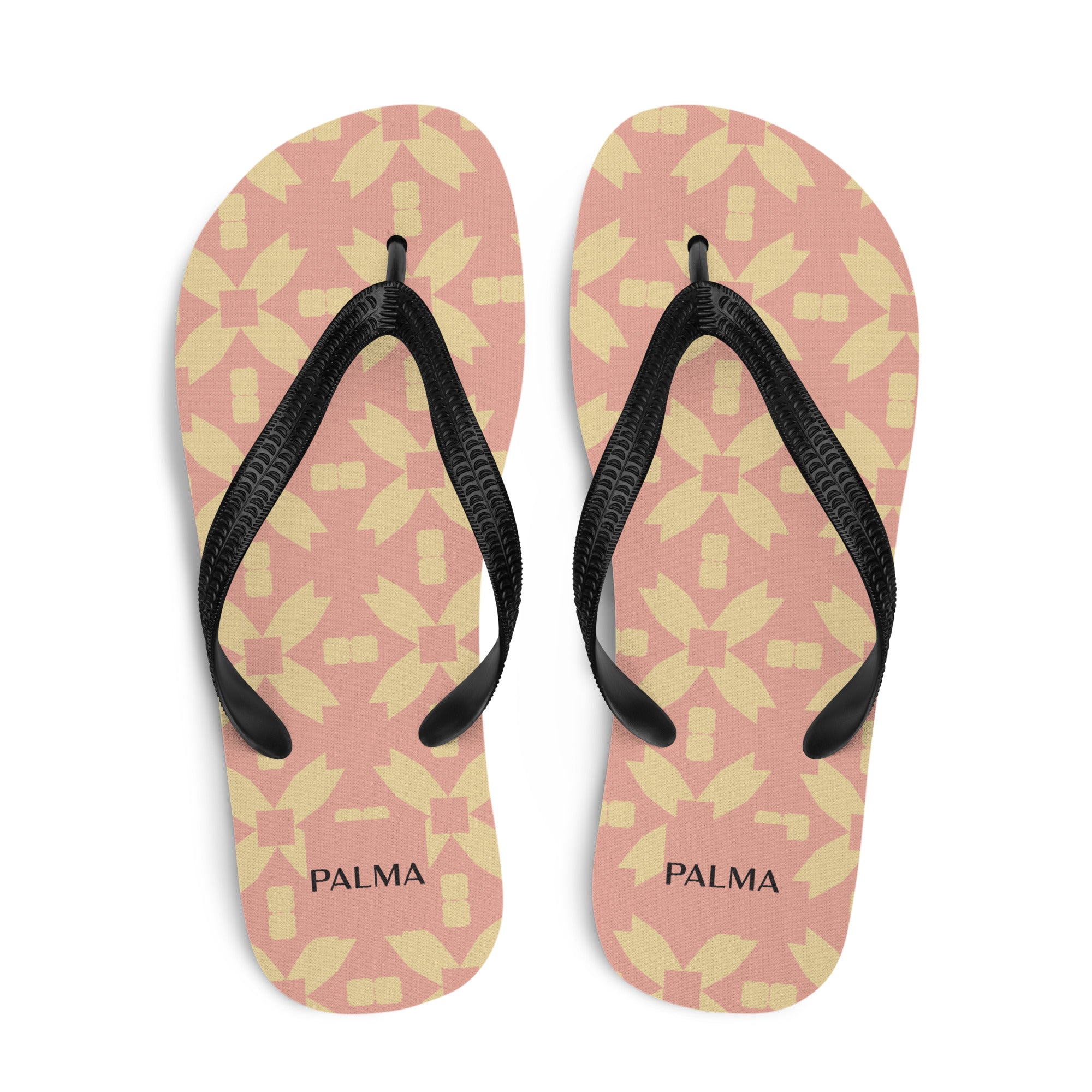 Blush Petal Grid flip-flops flat lay – PALMA modular print sandals, top view