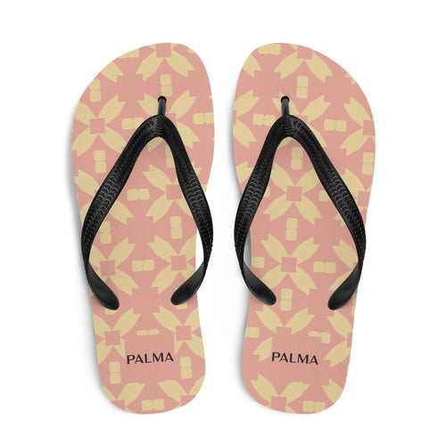 Blush Petal Grid flip-flops flat lay – PALMA modular print sandals, top view