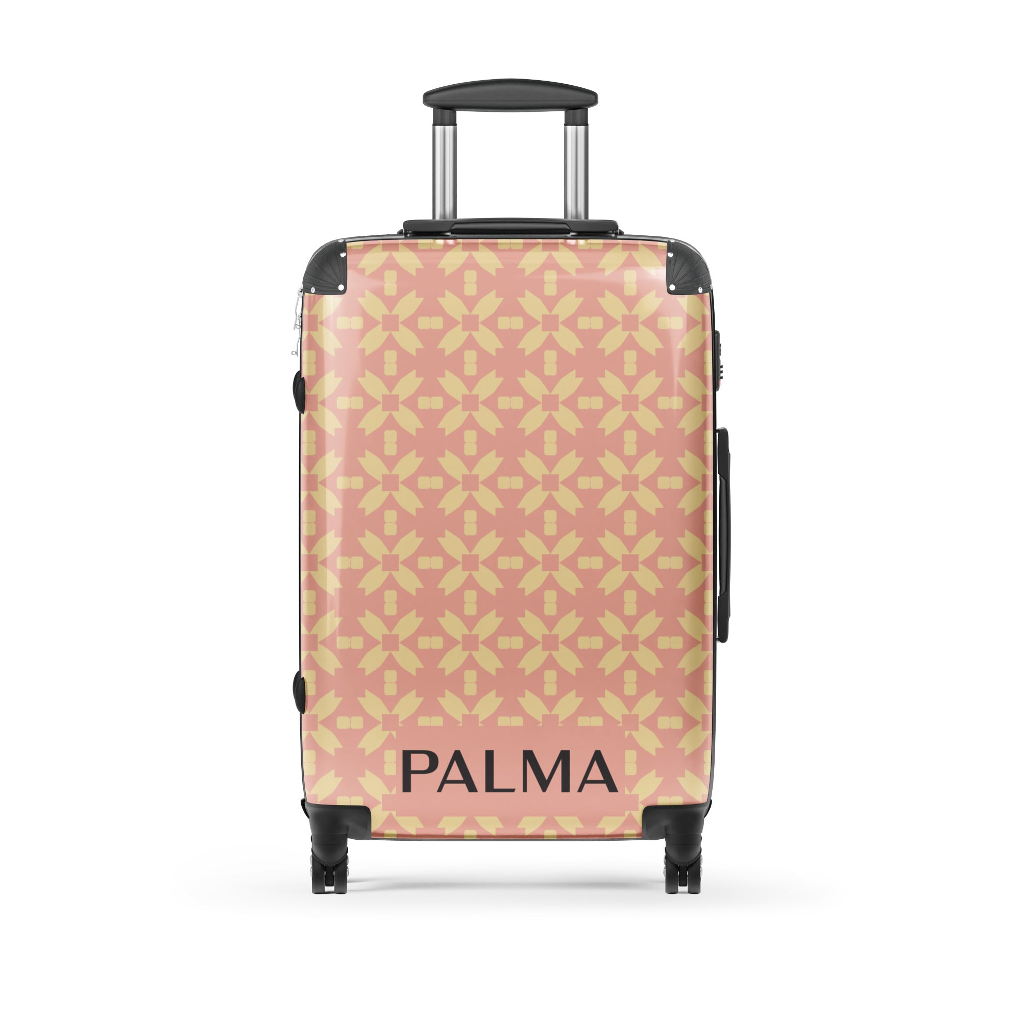 Front view showcasing the pattern of medium size Blush Petal Grid – PALMA Signature Suitcase with handle 