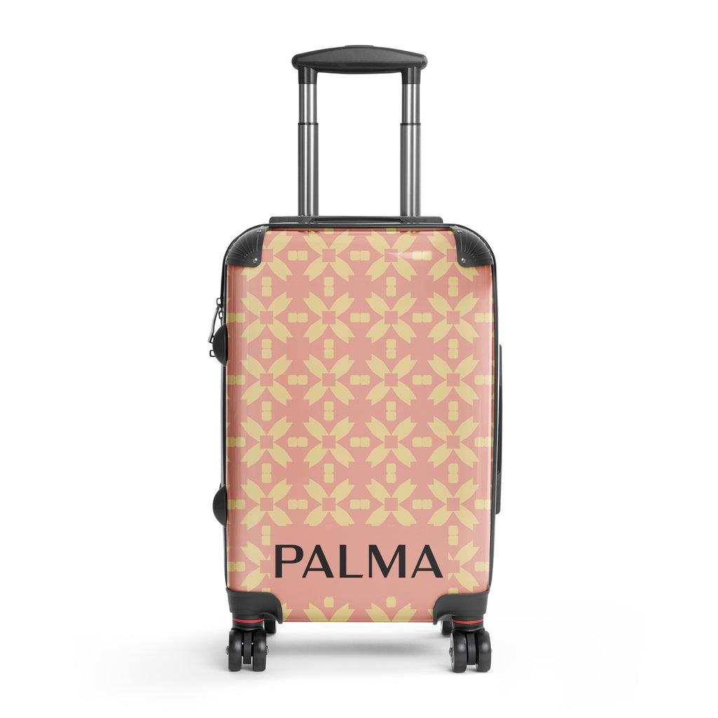 Front view showcasing the pattern of Blush Petal Grid – PALMA Signature Suitcase with handle extended 