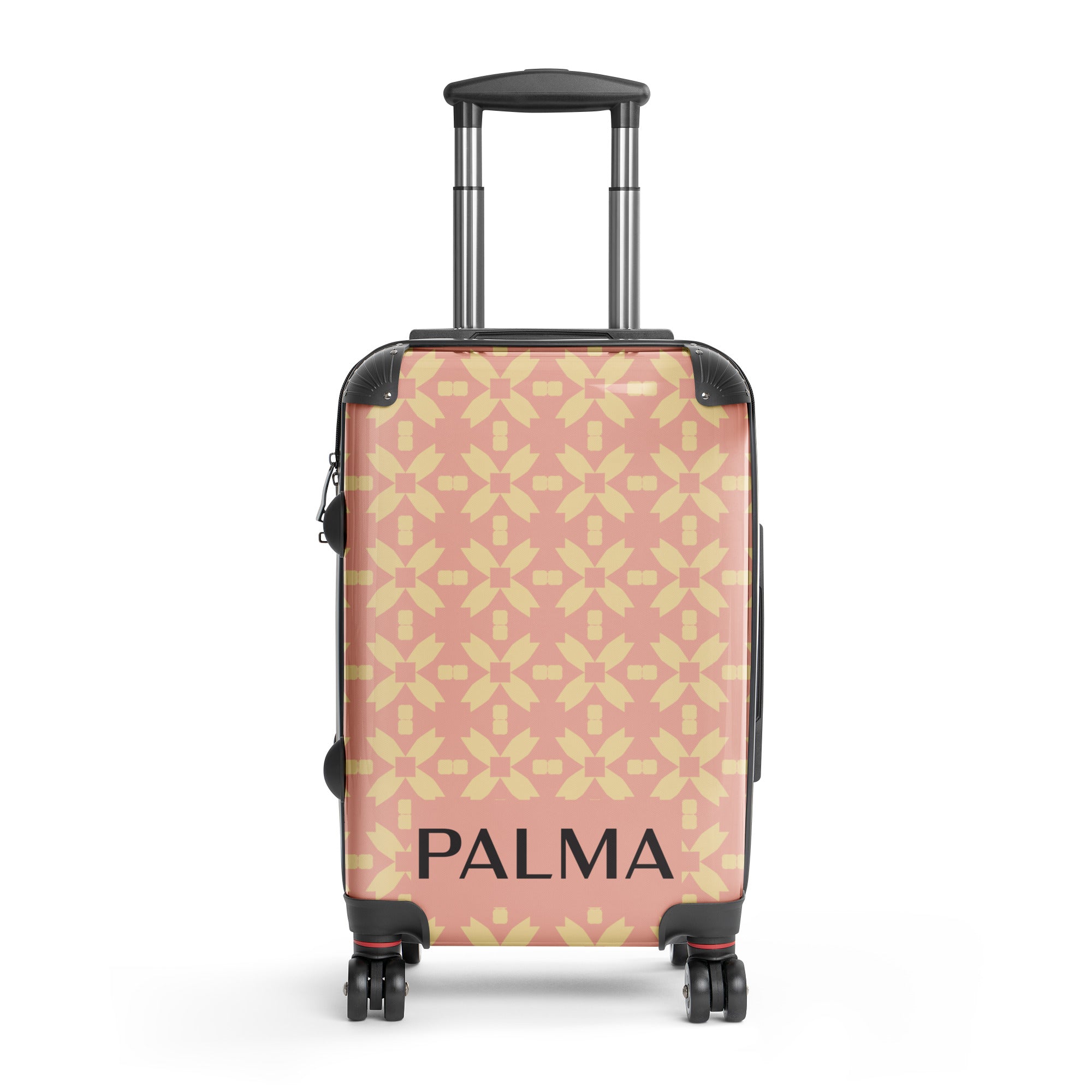 Front view showcasing the pattern of Blush Petal Grid – PALMA Signature Suitcase with handle extended 