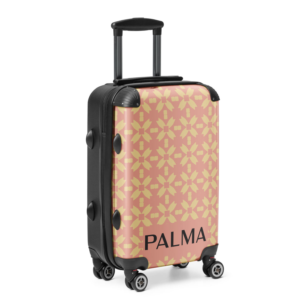 Angled side view showcasing the pattern of Blush Petal Grid – PALMA Signature Suitcase with wheels and handle 