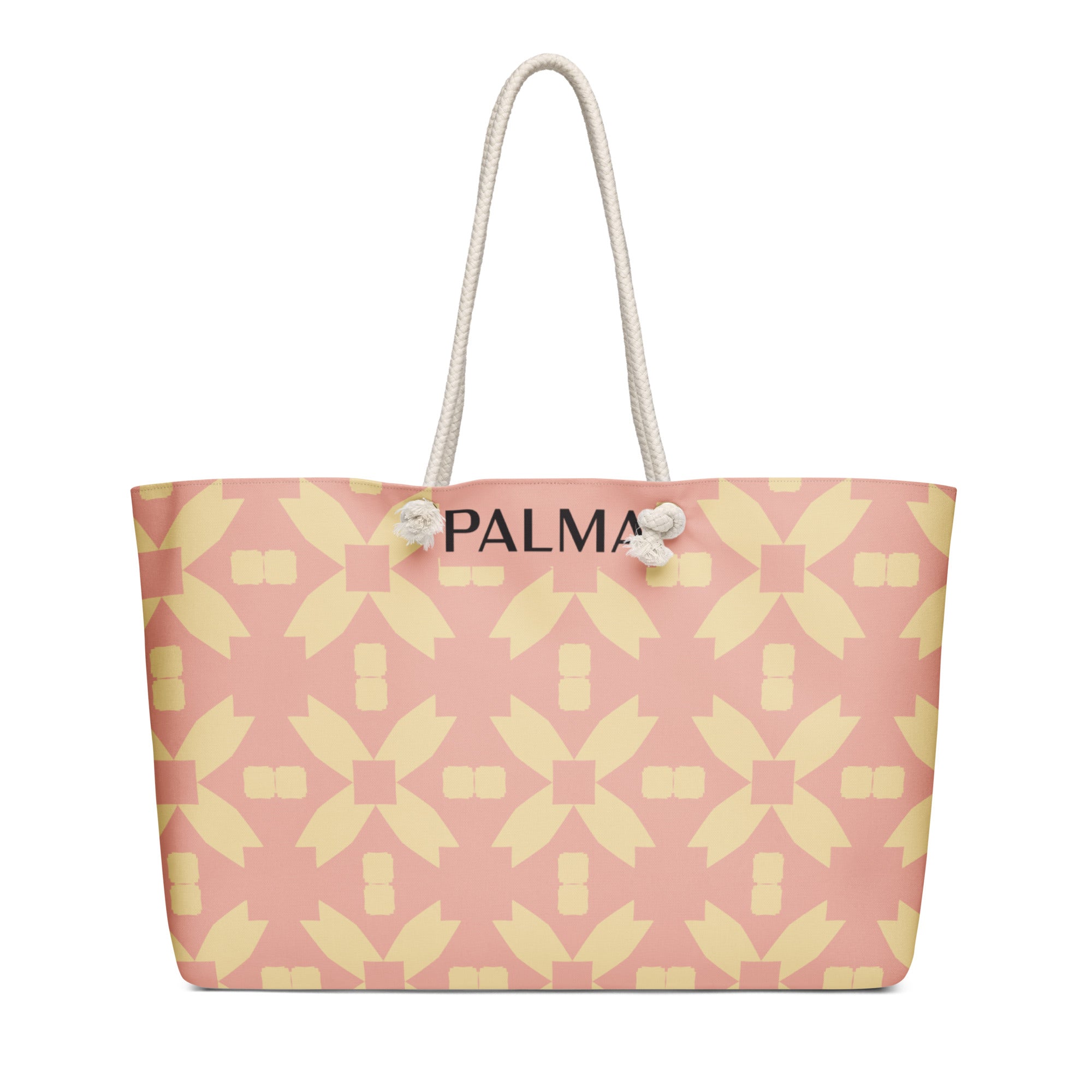 Blush Petal Grid oversized weekender tote with white handles – front view
